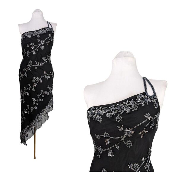 Cache Cocktail Dress Vintage Y2K Fairy Shoulder Silk Black Silver Floral Beaded
